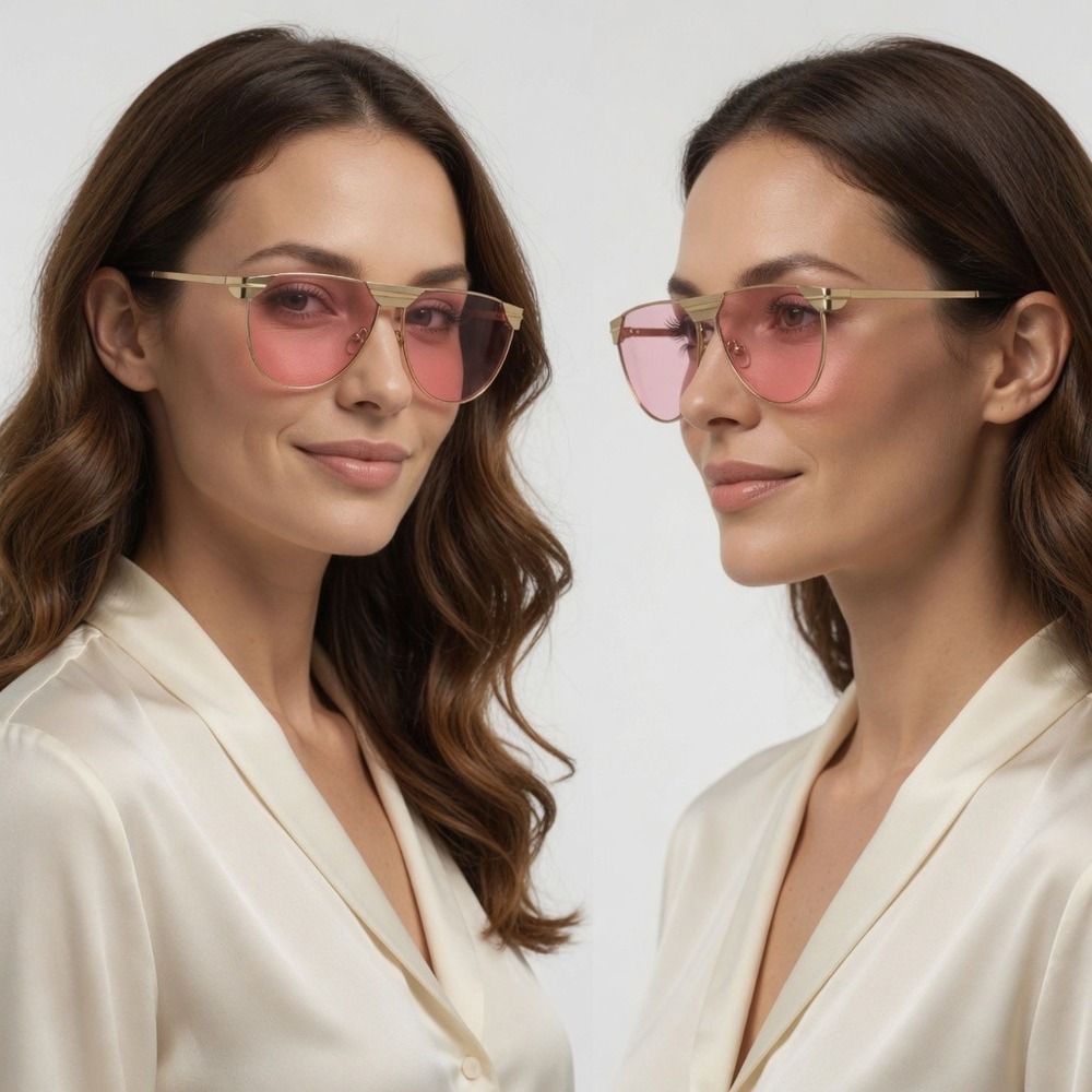 Women Pink Tinted Oversized Sunglasses Gold Metal Frame Shield Fashion Glasses